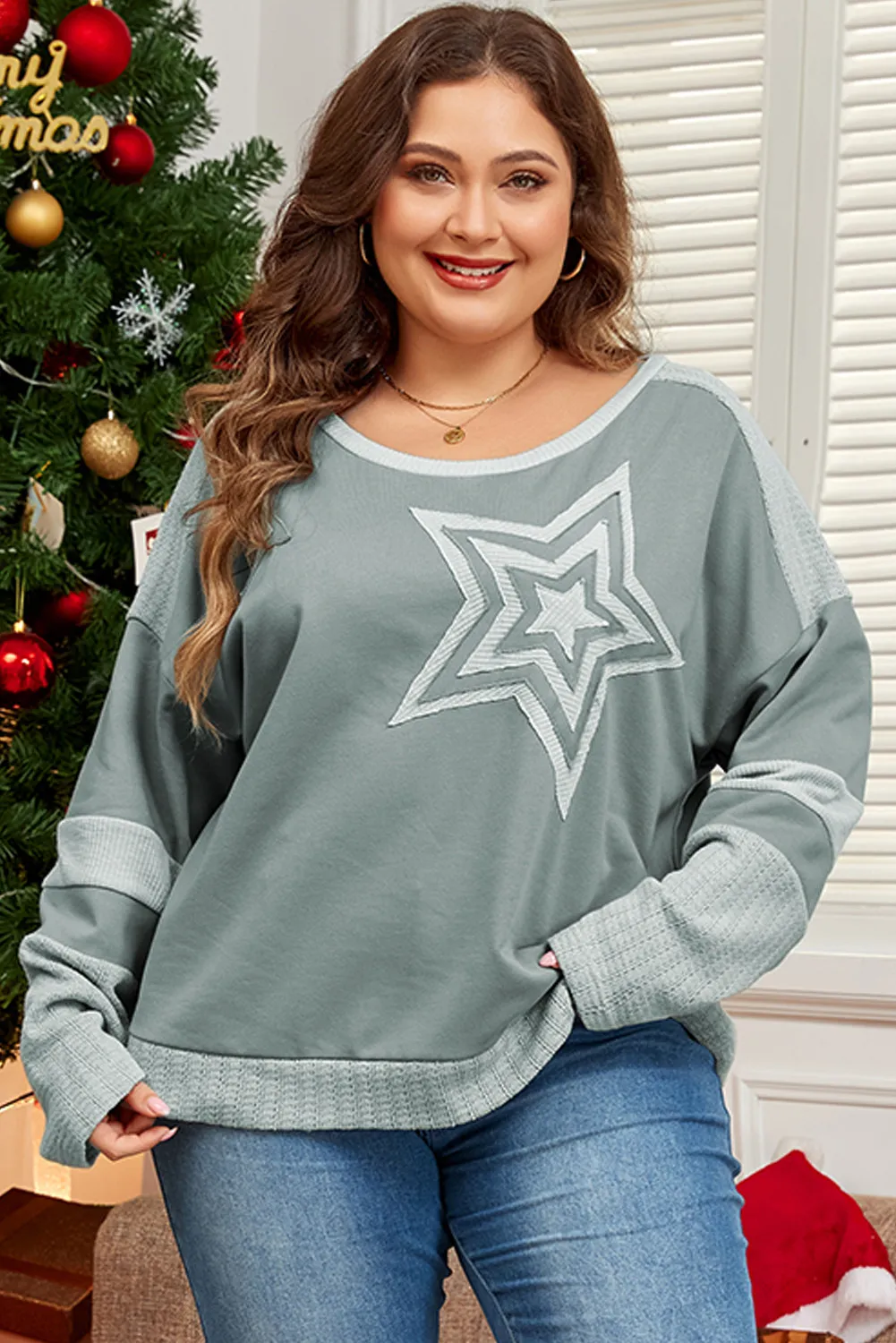 Carolin | Plus size long sleeve star crew neck top - Image 2