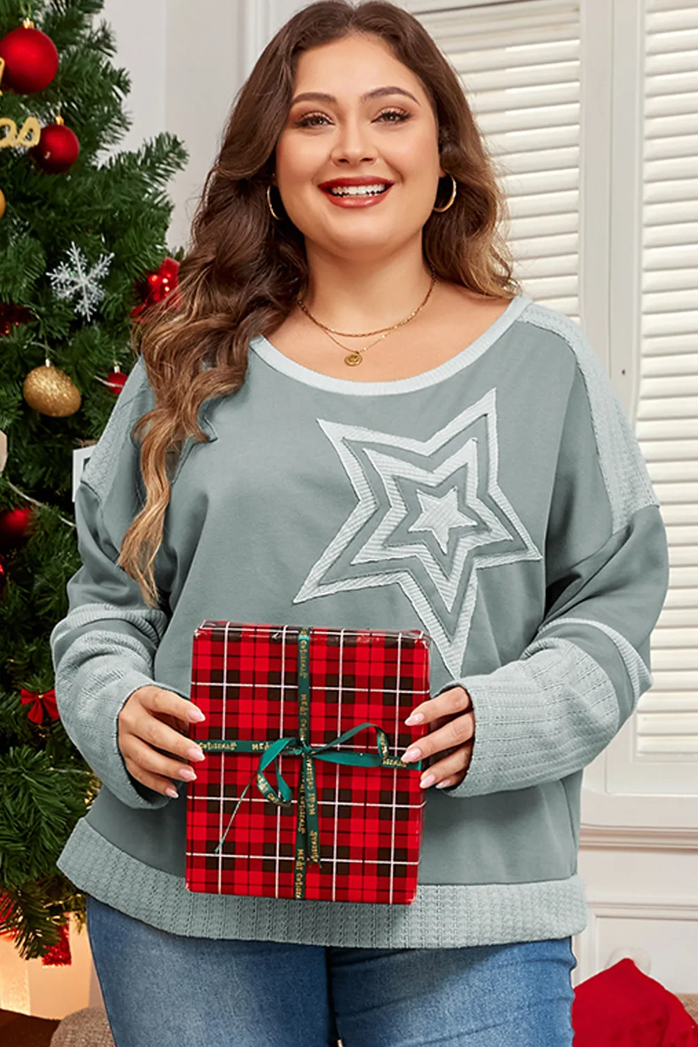 Carolin | Plus size long sleeve star crew neck top - Image 3