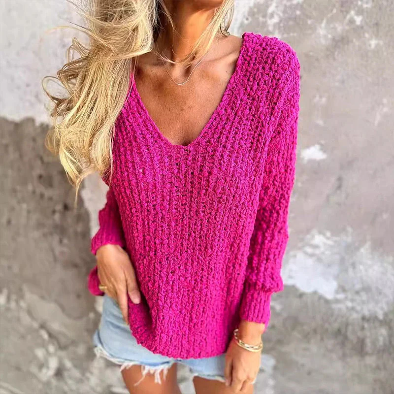 Carolin | Textured crochet sweater with long sleeves and a deep V-neck - Image 5