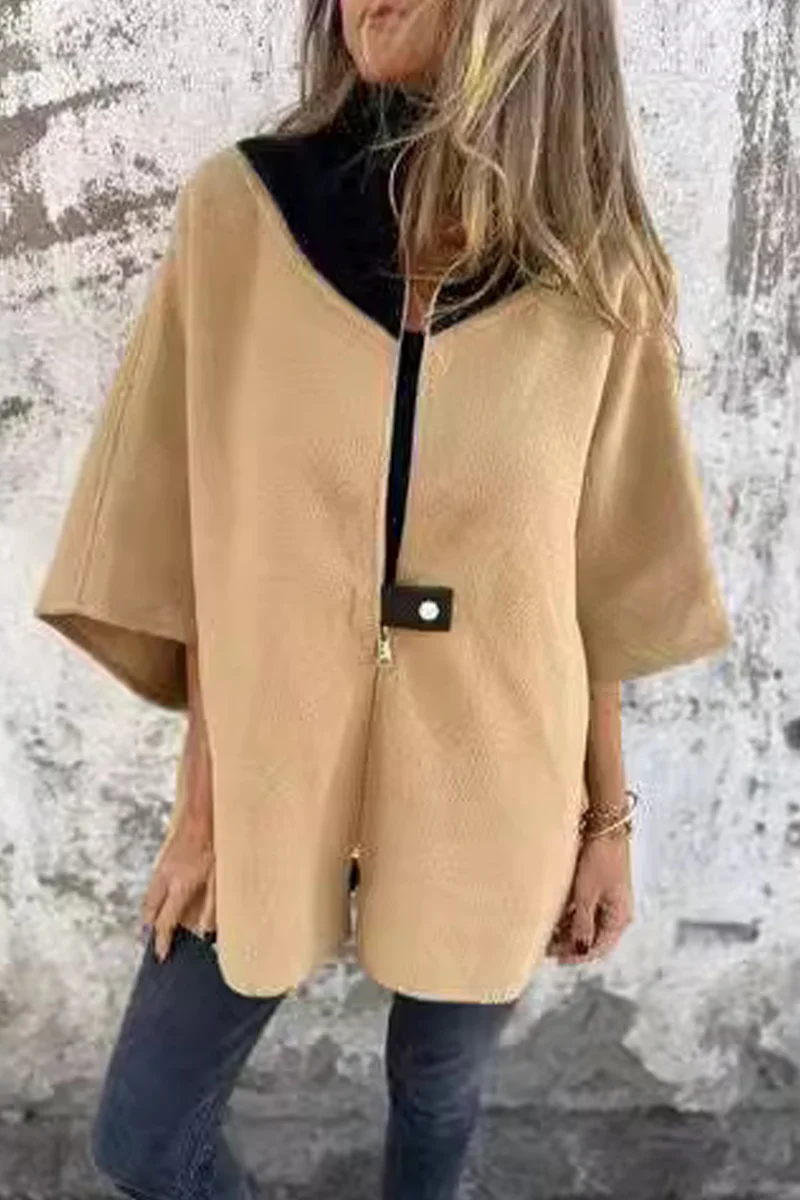 Carolina | Casual patchwork outerwear with zip fastening and contrast stand-up collar