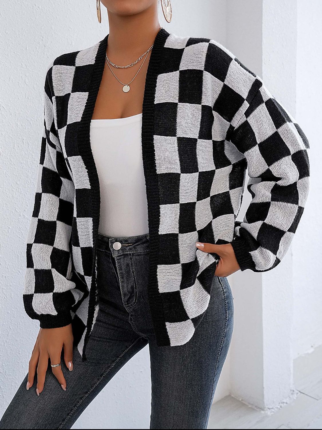 Carolina | Checked open front long sleeve cardigan
