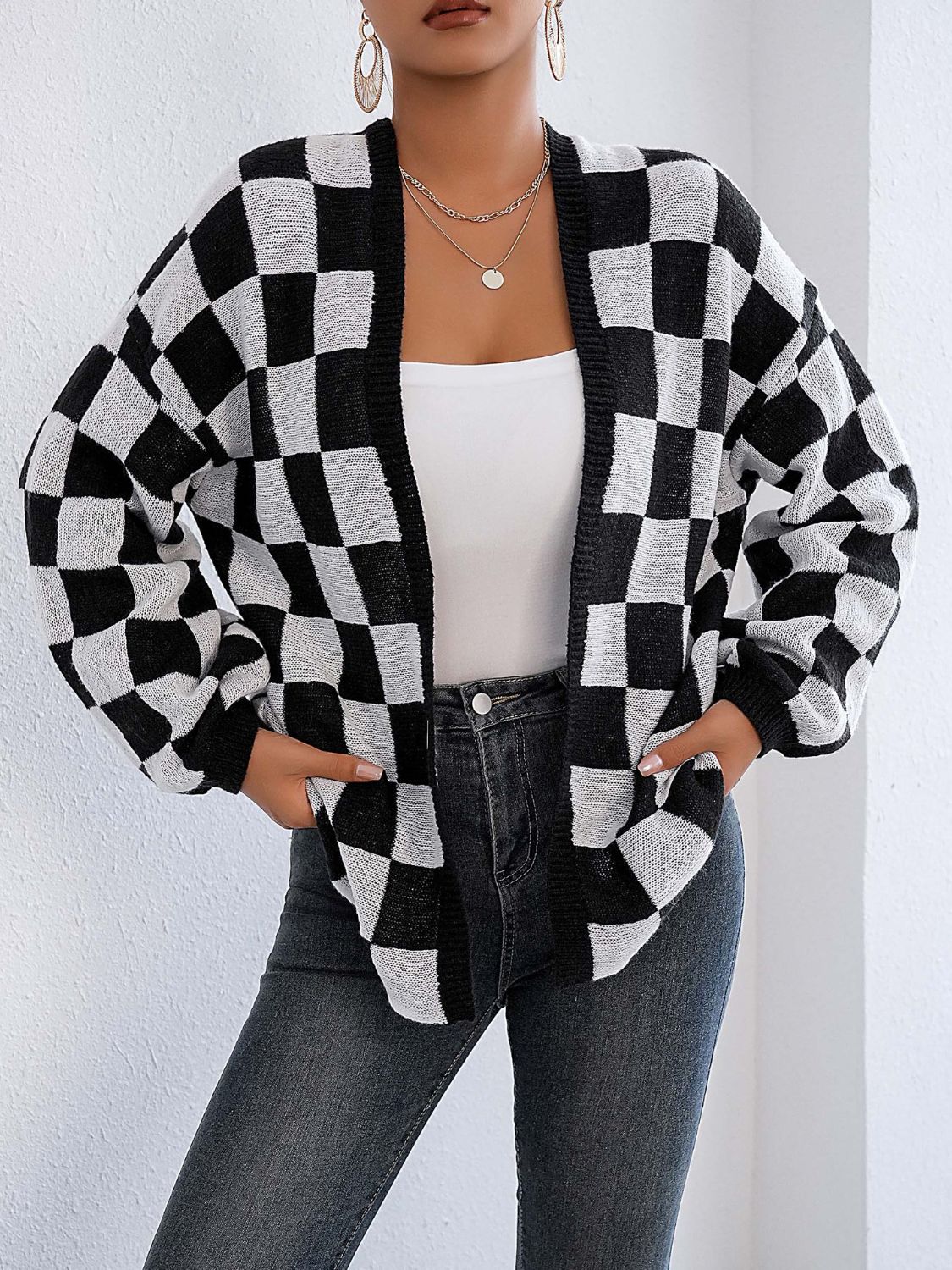 Carolina | Checked open front long sleeve cardigan - Image 3