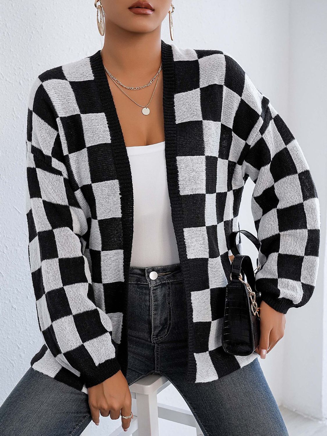 Carolina | Checked open front long sleeve cardigan - Image 4