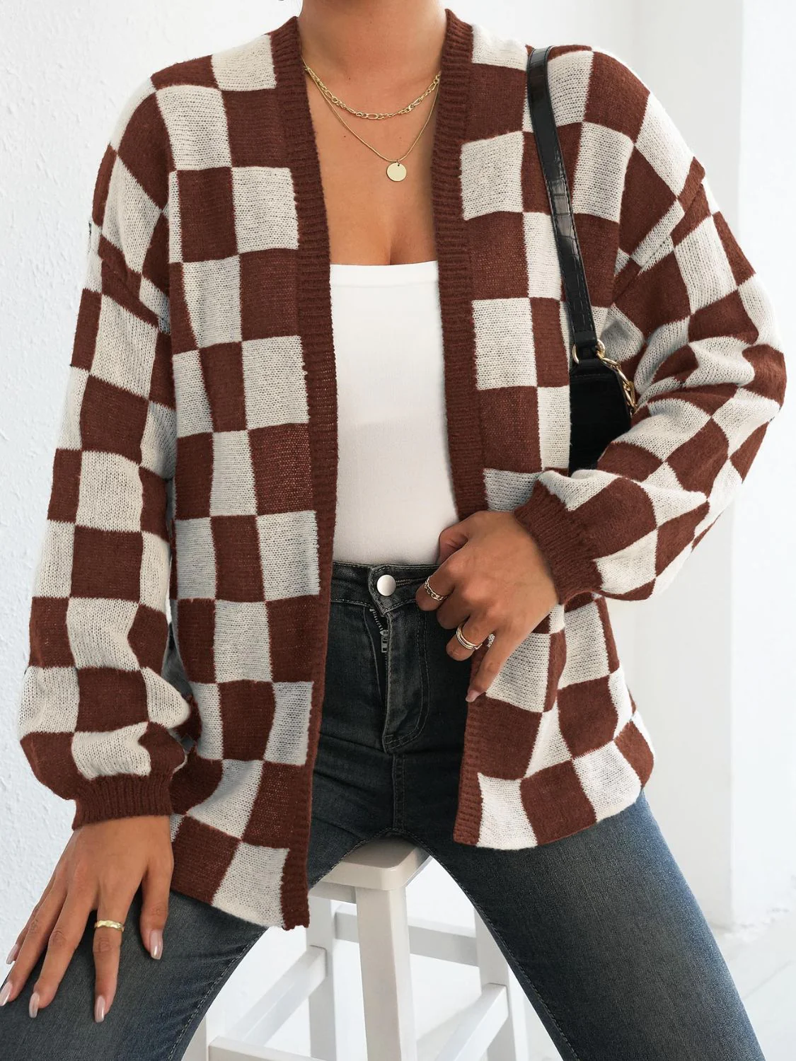 Carolina | Checked open front long sleeve cardigan - Image 5