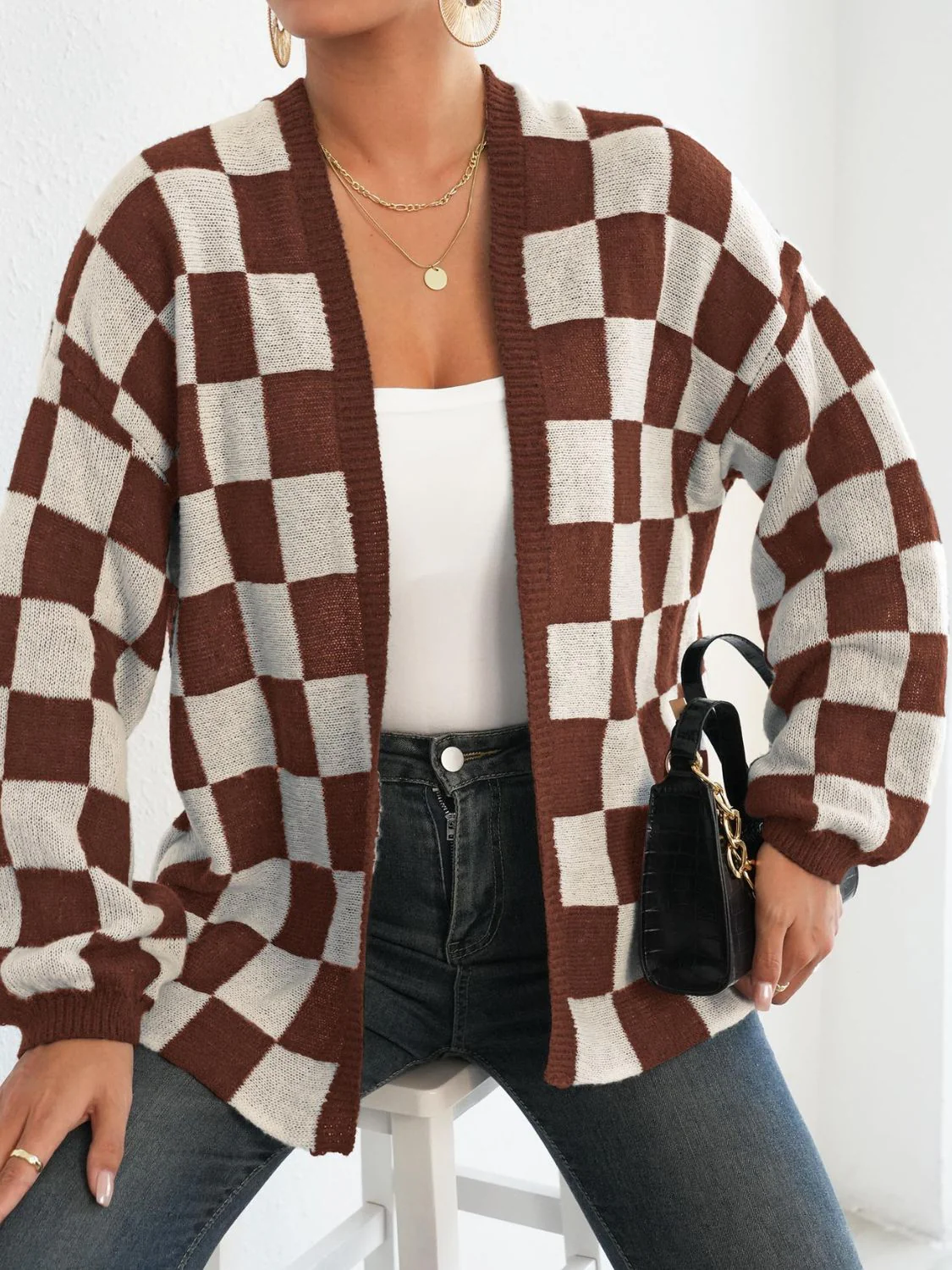 Carolina | Checked open front long sleeve cardigan - Image 6