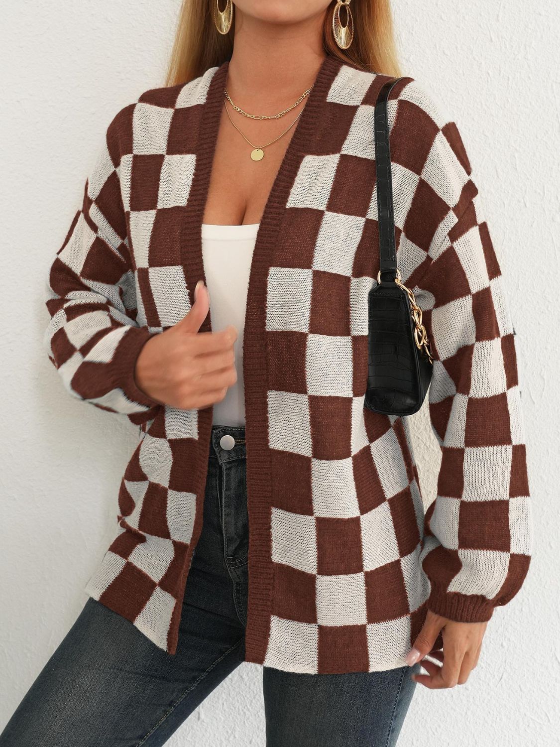 Carolina | Checked open front long sleeve cardigan - Image 7