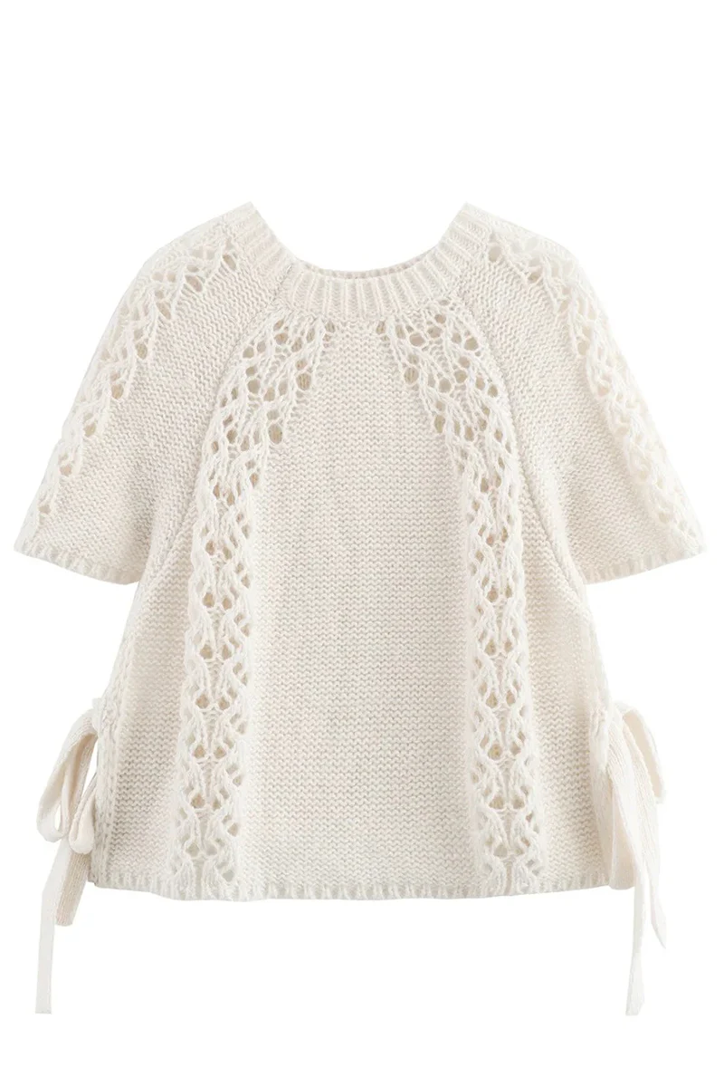 Catalina | Casual solid color hollow out drawstring woven O-neck sweaters - Image 6