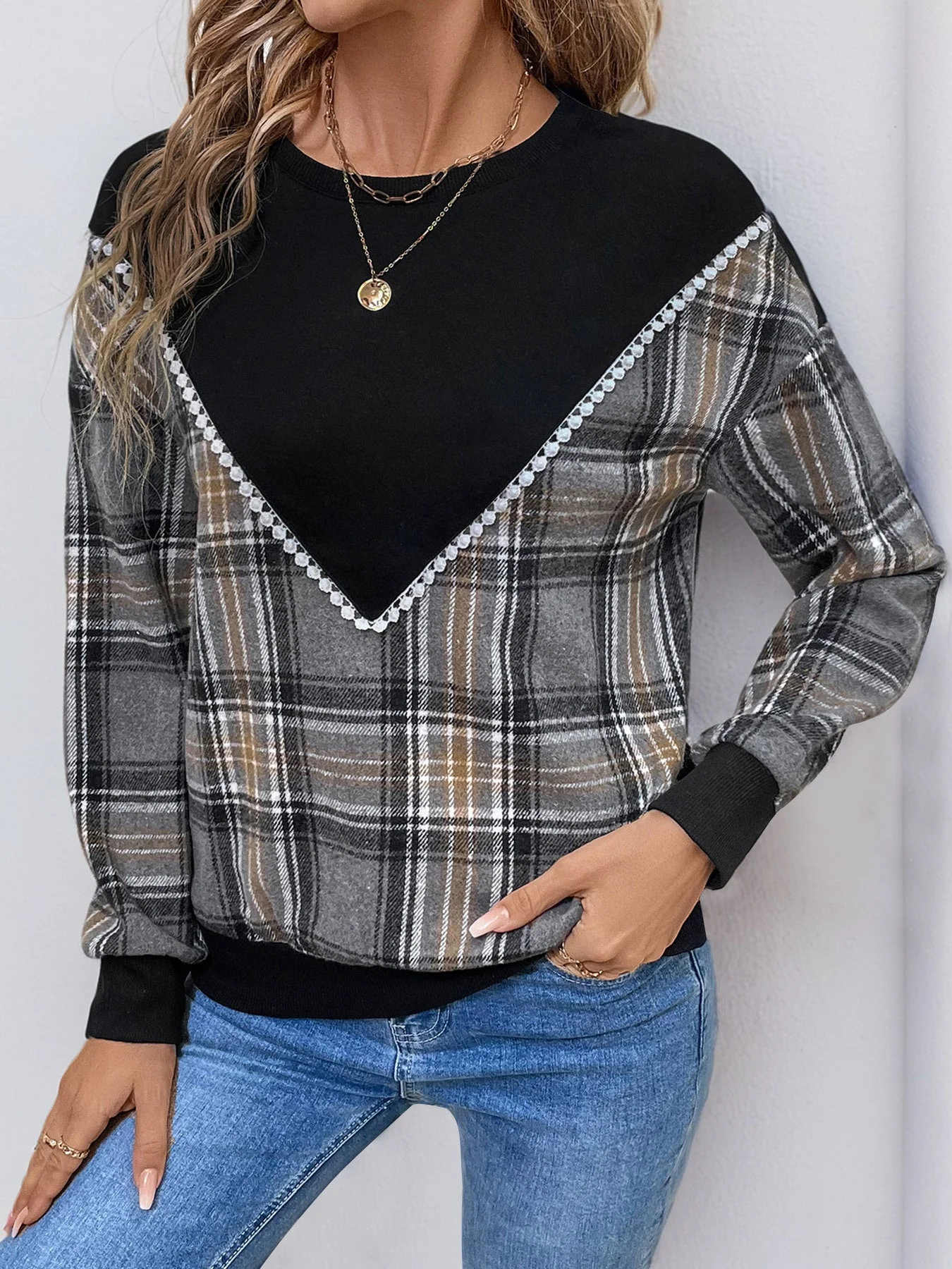 Catarina | Perfee checked long sleeve crew neck sweatshirt