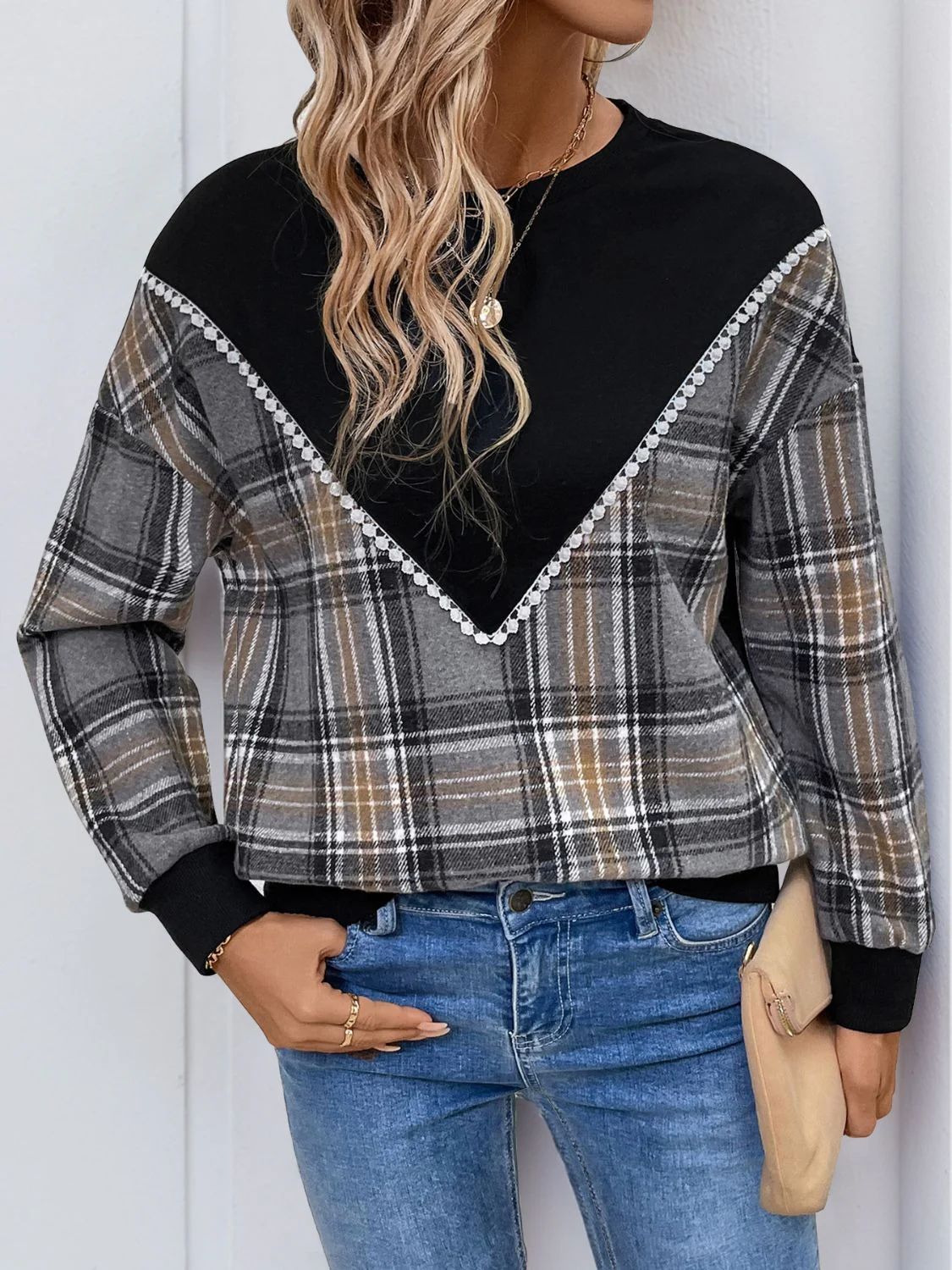 Catarina | Perfee checked long sleeve crew neck sweatshirt - Image 4