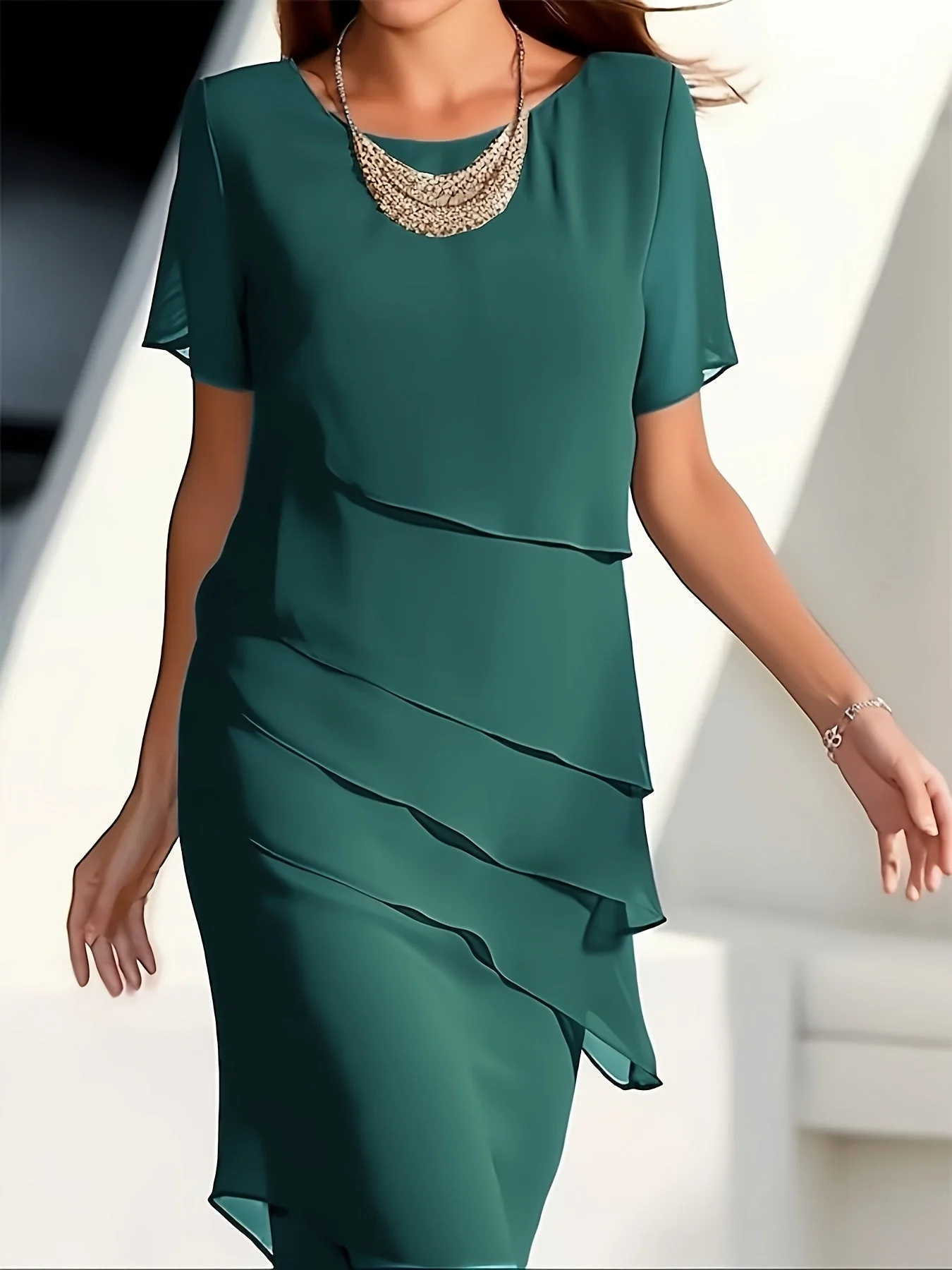 Cecilia® | Cotton Layered Trim Round Neck Short Sleeve Evening Dress For Women - Image 9
