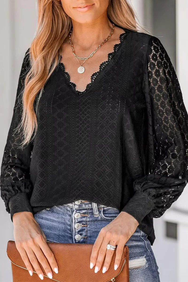 Celia | Casual street blouses made of plain lace with a V-neck - Image 2
