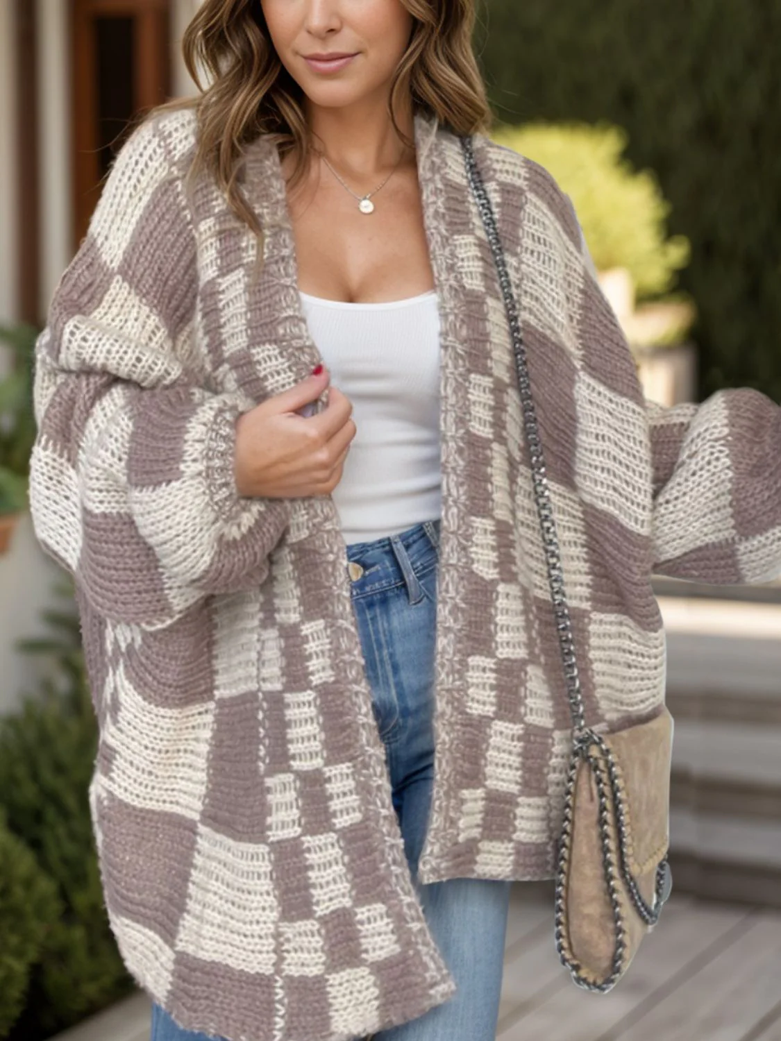 Celia | Checked open front long sleeve cardigan