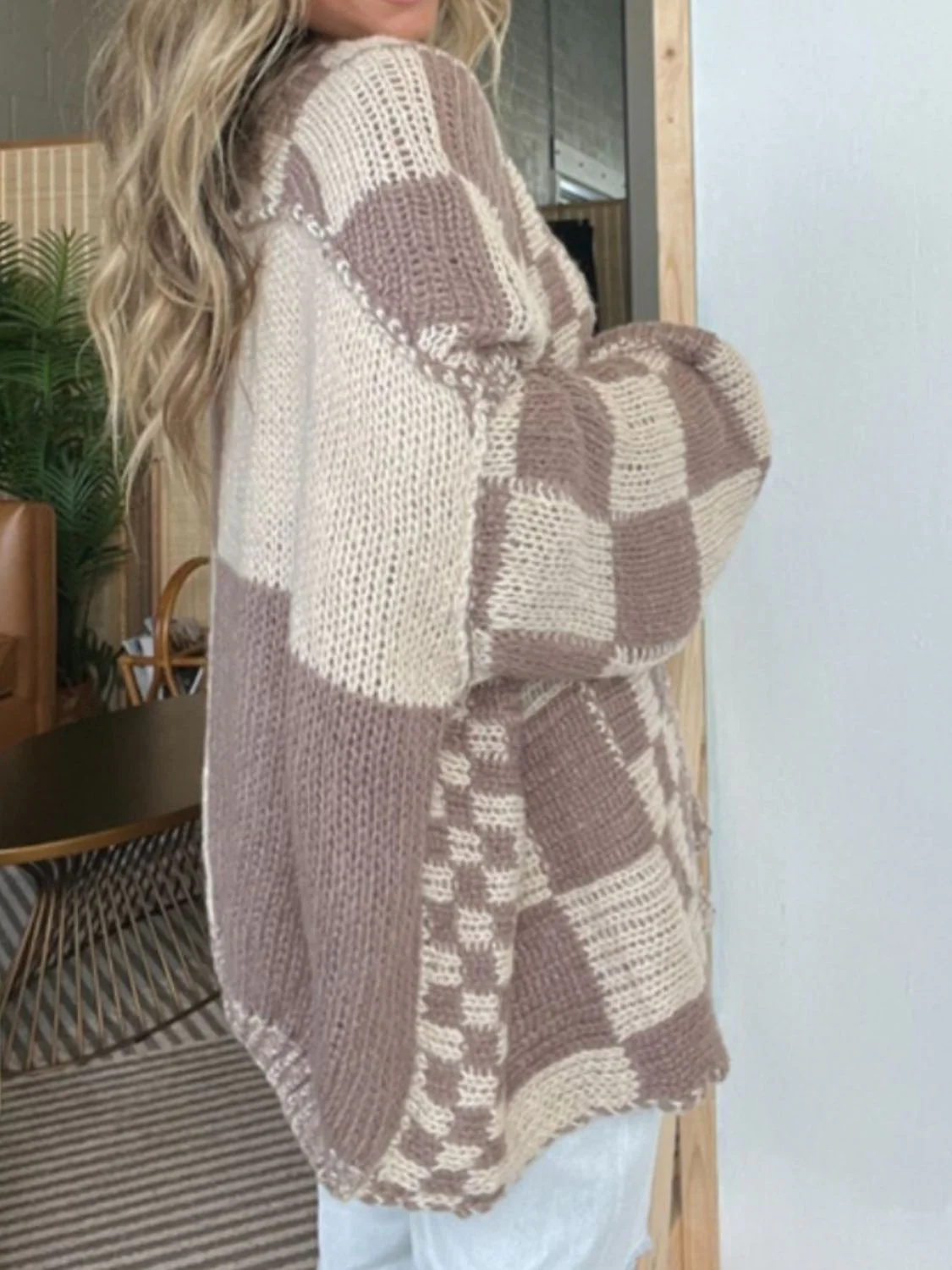 Celia | Checked open front long sleeve cardigan - Image 3