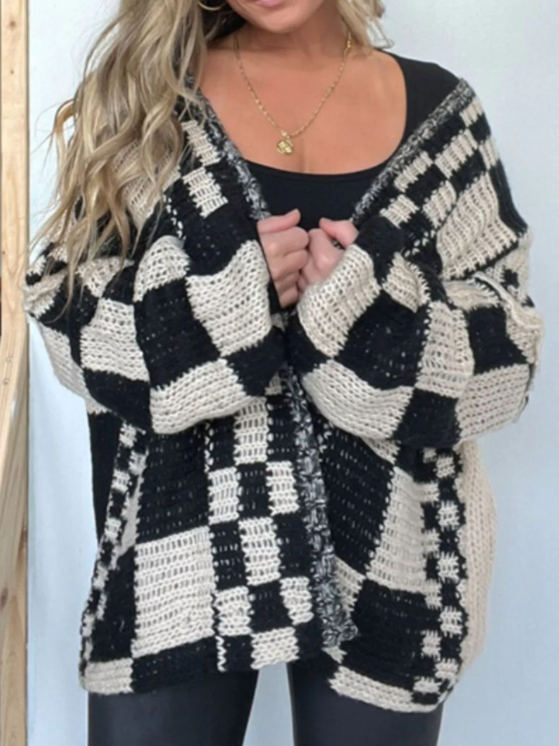 Celia | Checked open front long sleeve cardigan - Image 5