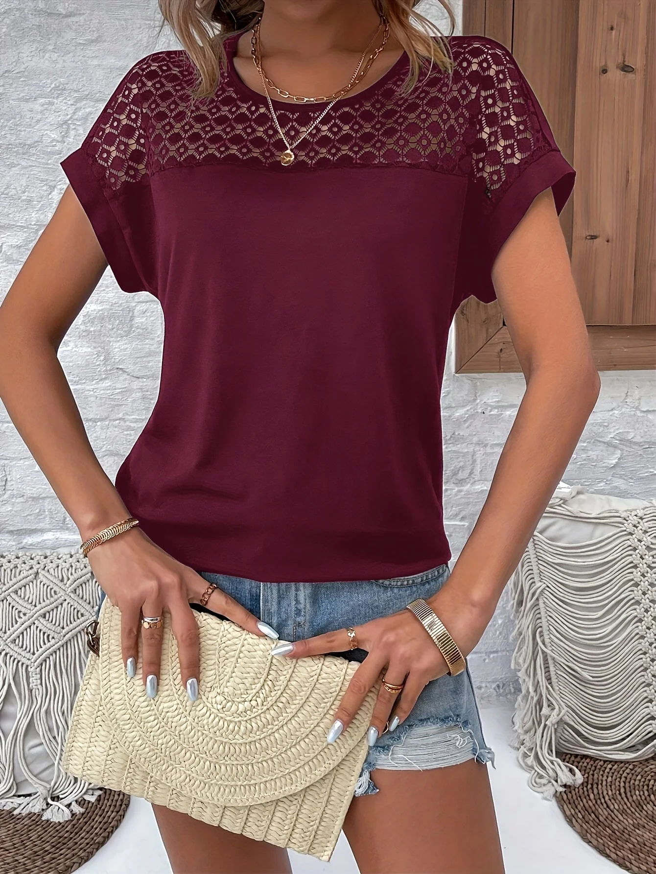 Ceres® | Trendy Bordeaux T-Shirt With Lace Trim And Batwing Sleeves - Image 2