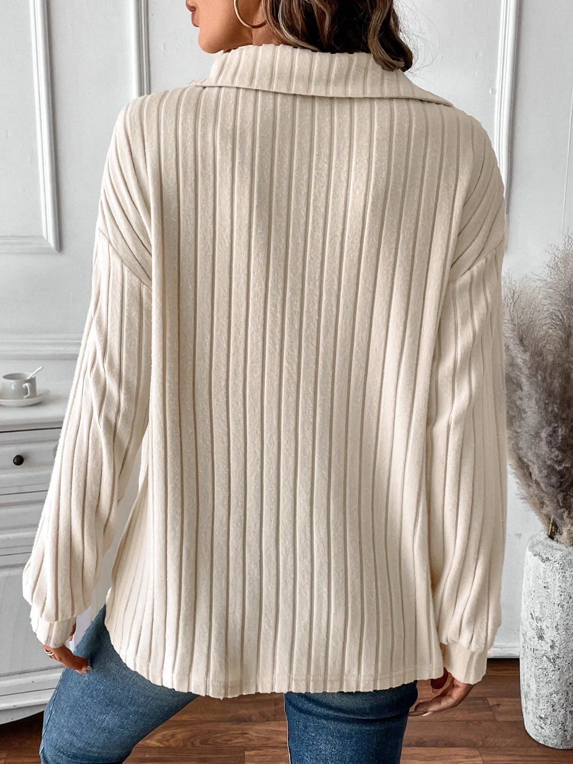 Charlotte | Ribbed long sleeve t-shirt with Johnny collar - Image 2