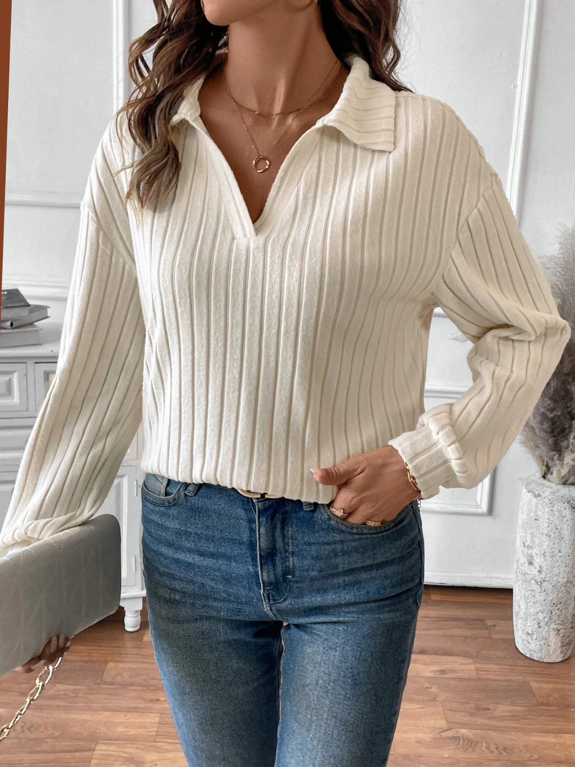 Charlotte | Ribbed long sleeve t-shirt with Johnny collar - Image 4