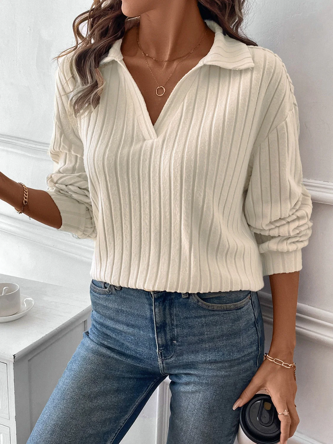 Charlotte | Ribbed long sleeve t-shirt with Johnny collar - Image 5