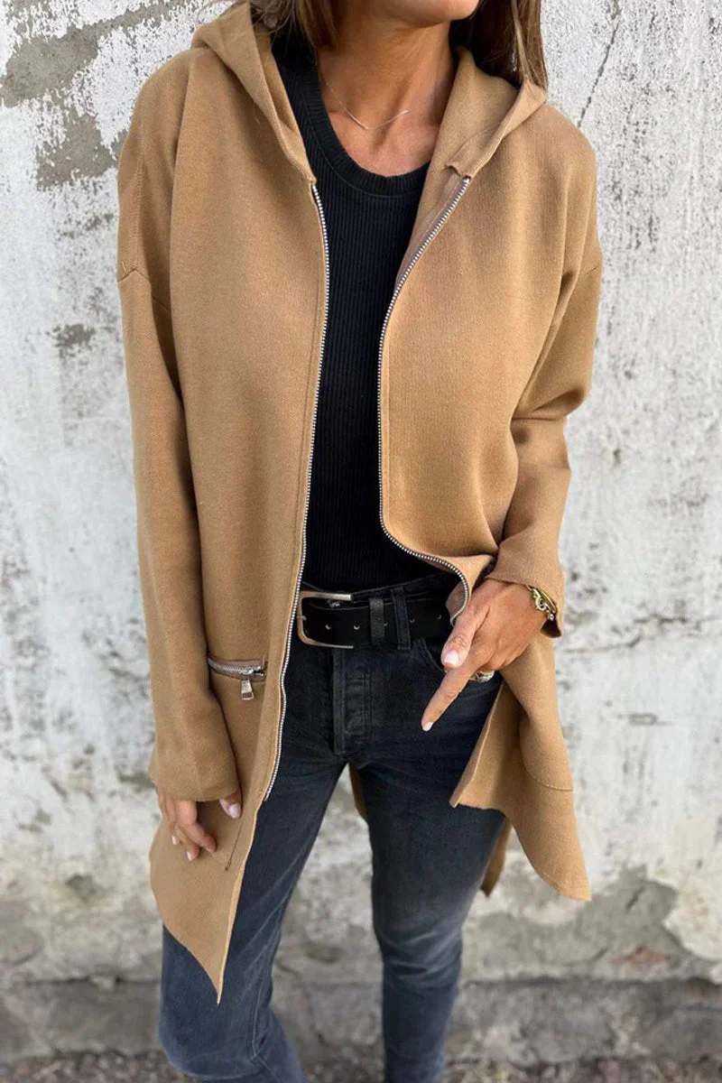 Christel | Casual daily solid color outerwear with zipper and hood - Image 8