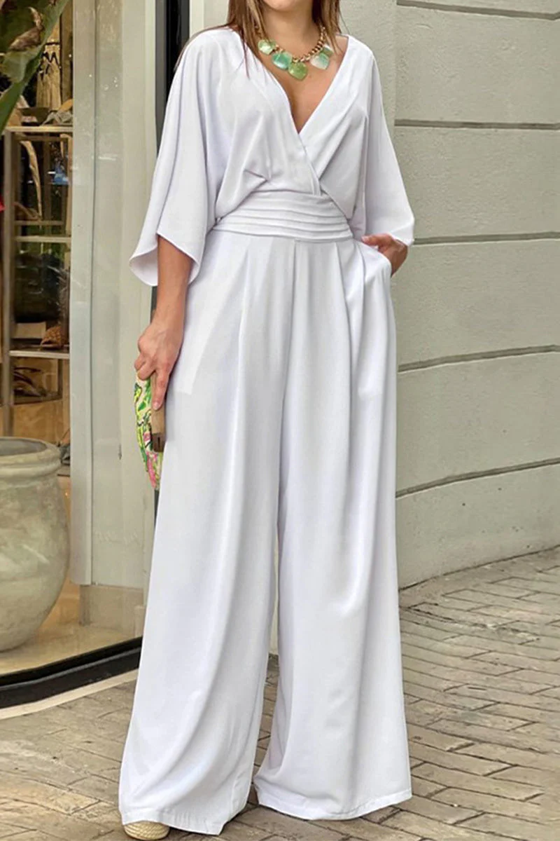 Cielo | Elegant solid color loose V-neck jumpsuits