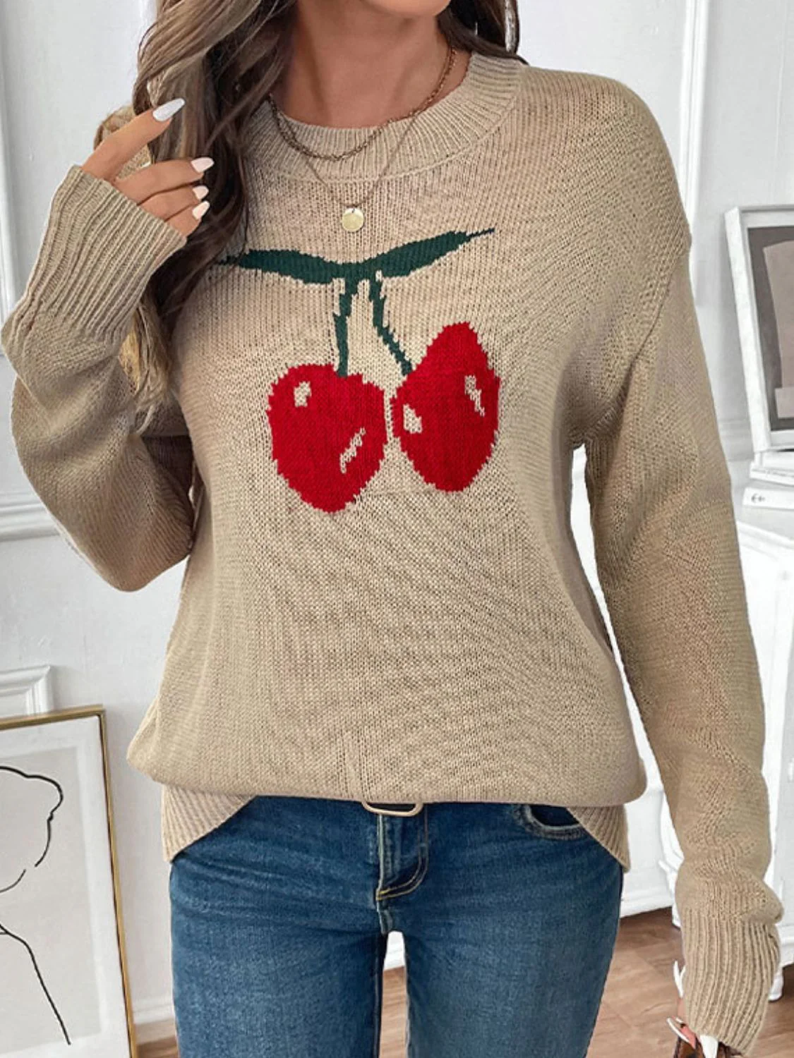 Cintia | Perfee Cherry crew neck long sleeve sweater - Image 4