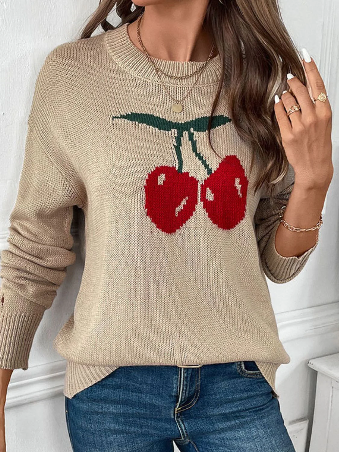 Cintia | Perfee Cherry crew neck long sleeve sweater - Image 5
