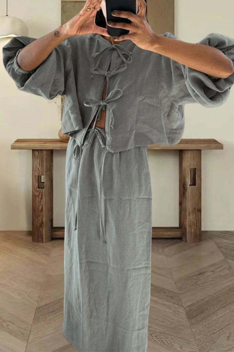 Clara | Casual daily solid color lace-up two-piece suit with O-neck and long sleeves - Image 3