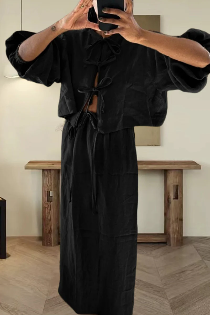 Clara | Casual daily solid color lace-up two-piece suit with O-neck and long sleeves - Image 4