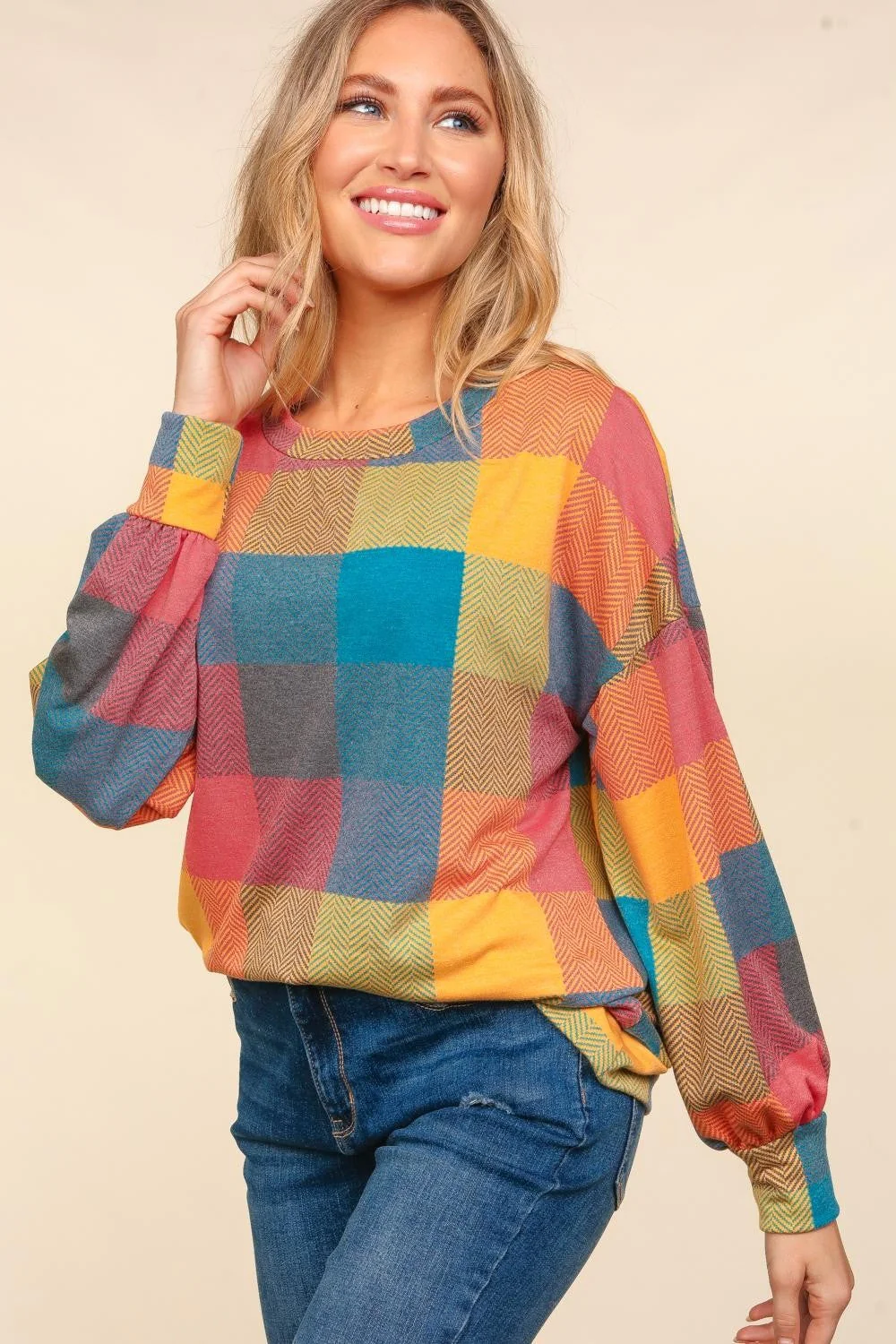 Clara | Haptics color block check crew neck top - Image 3