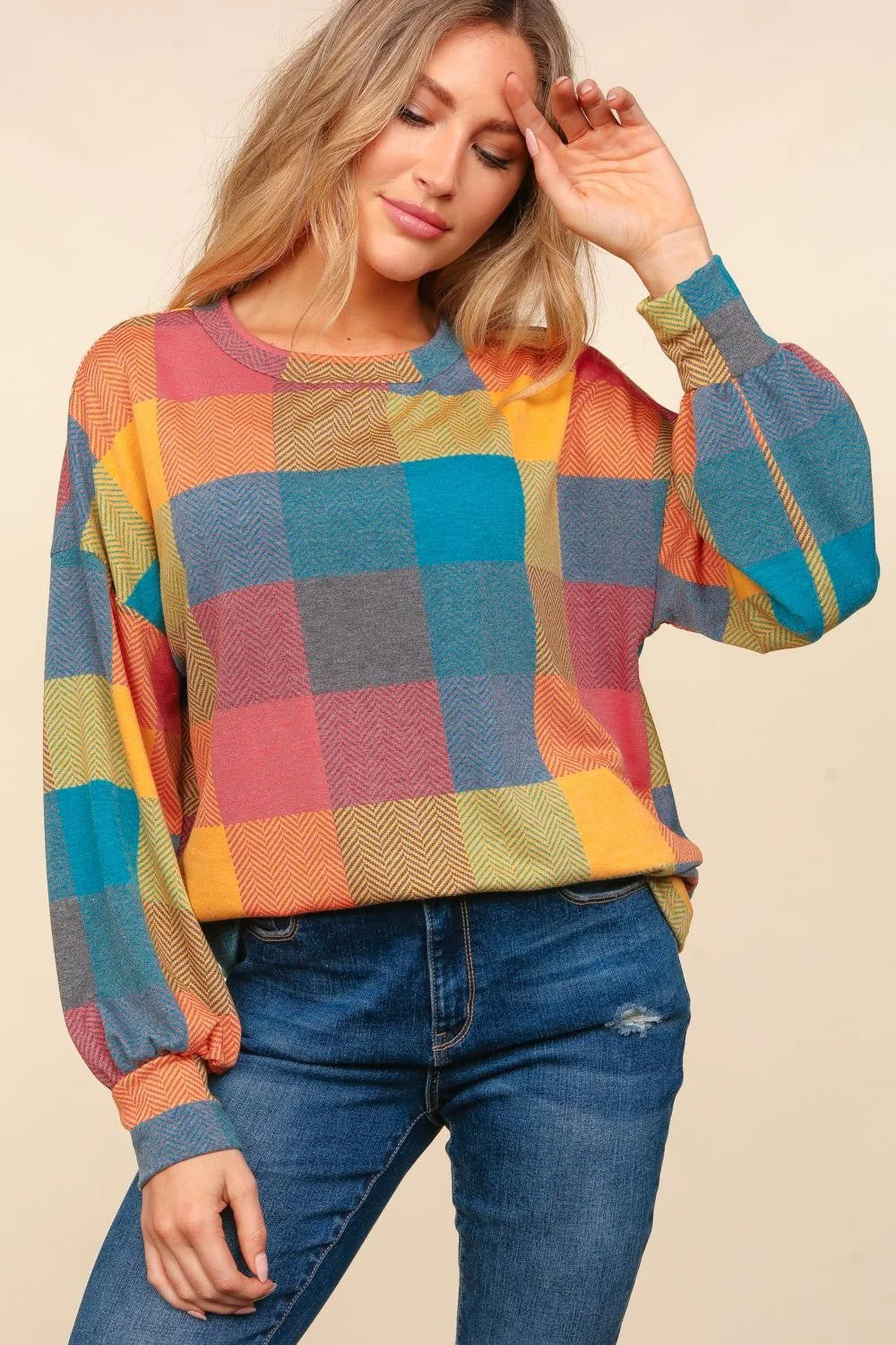 Clara | Haptics color block check crew neck top - Image 4