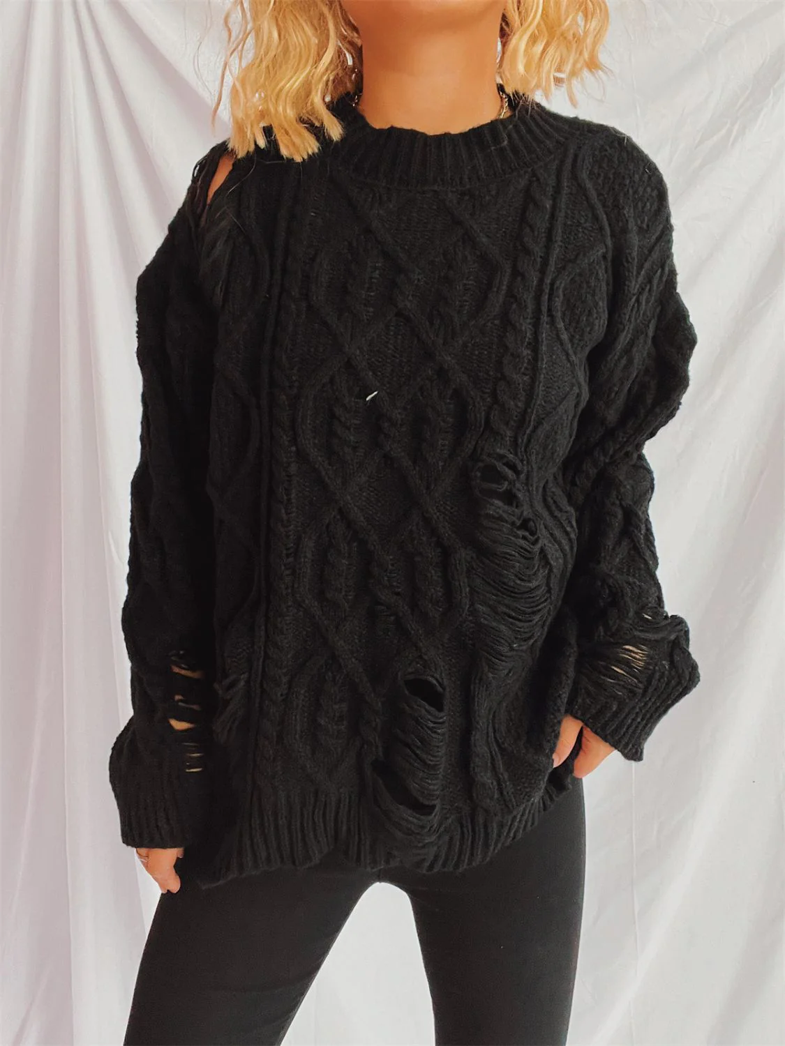 Clara | Long-sleeved, crew-neck, distressed cable-knit sweater - Image 10