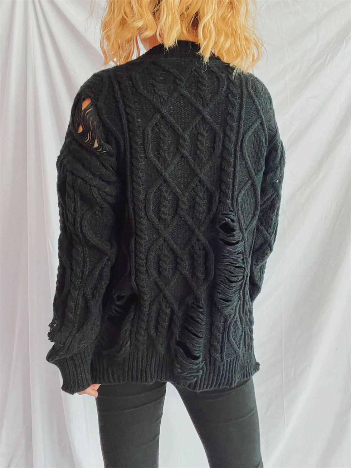 Clara | Long-sleeved, crew-neck, distressed cable-knit sweater - Image 11