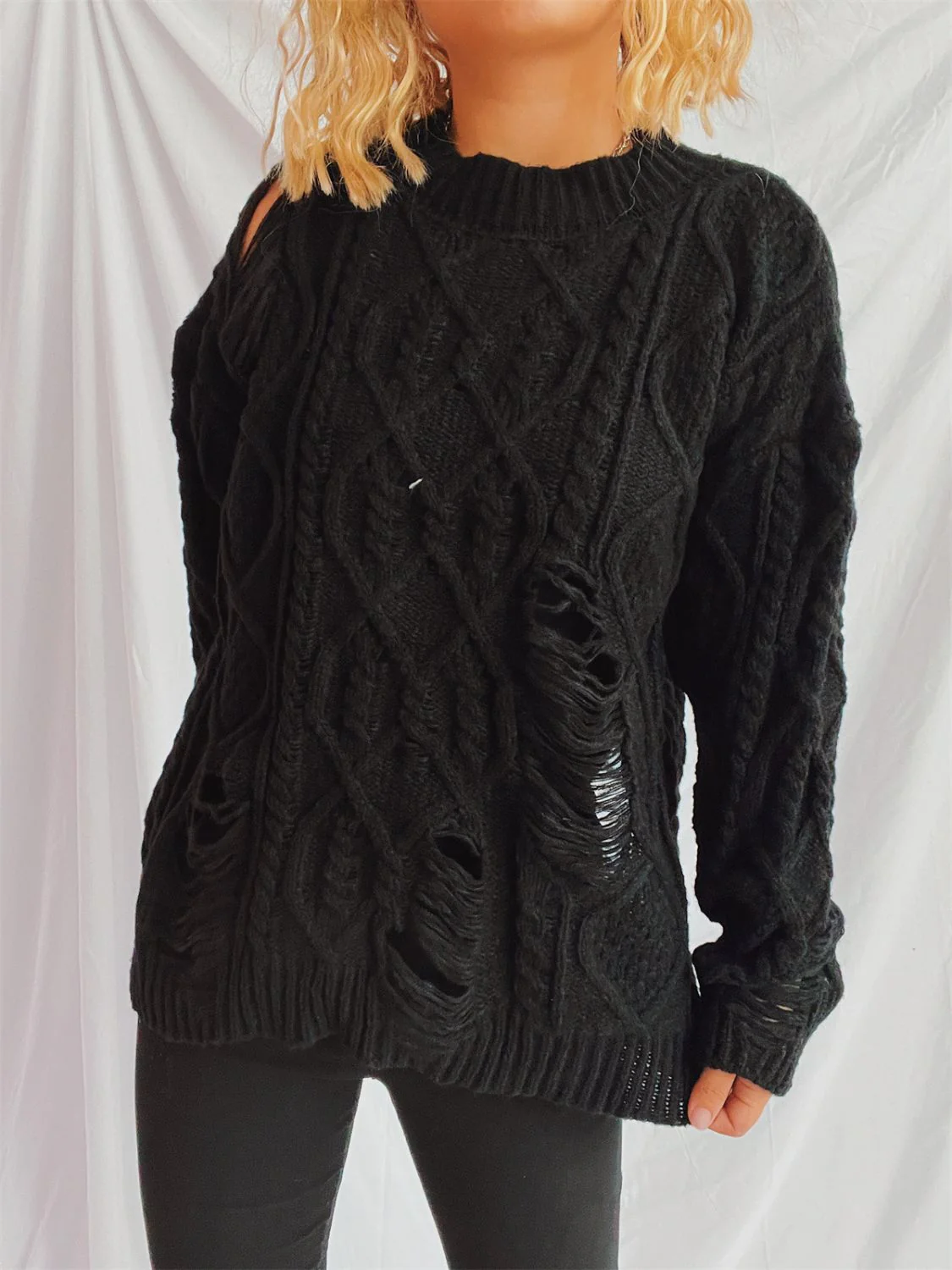 Clara | Long-sleeved, crew-neck, distressed cable-knit sweater - Image 12