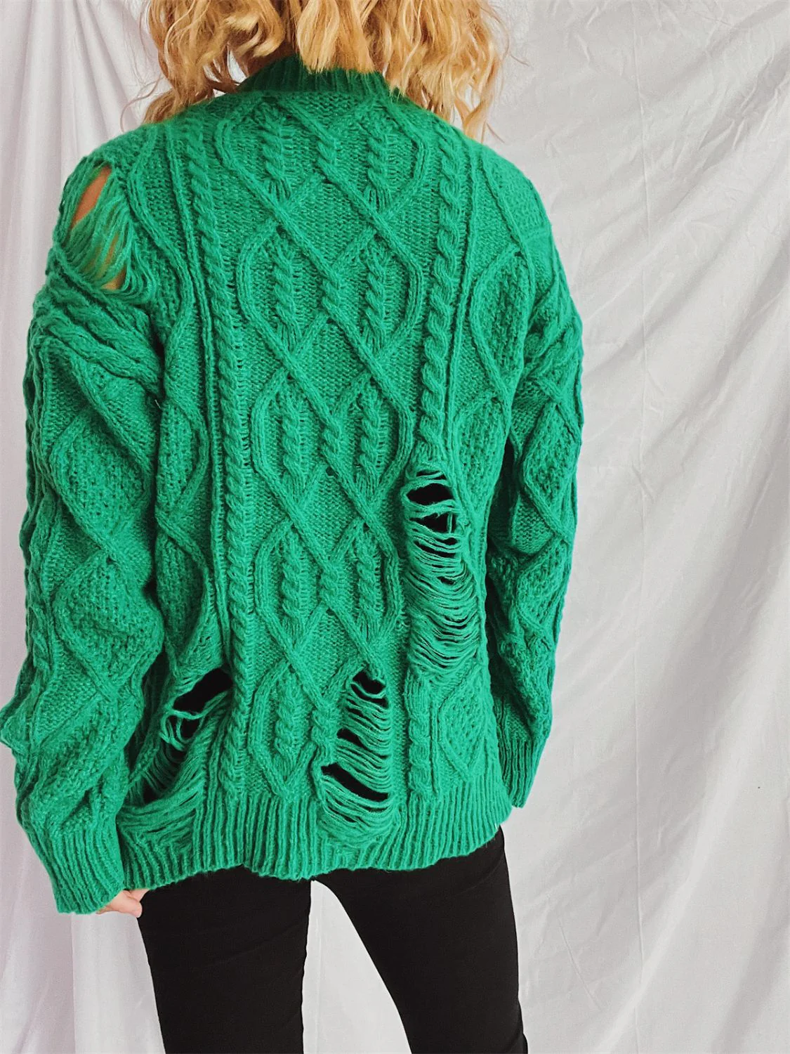 Clara | Long-sleeved, crew-neck, distressed cable-knit sweater - Image 2