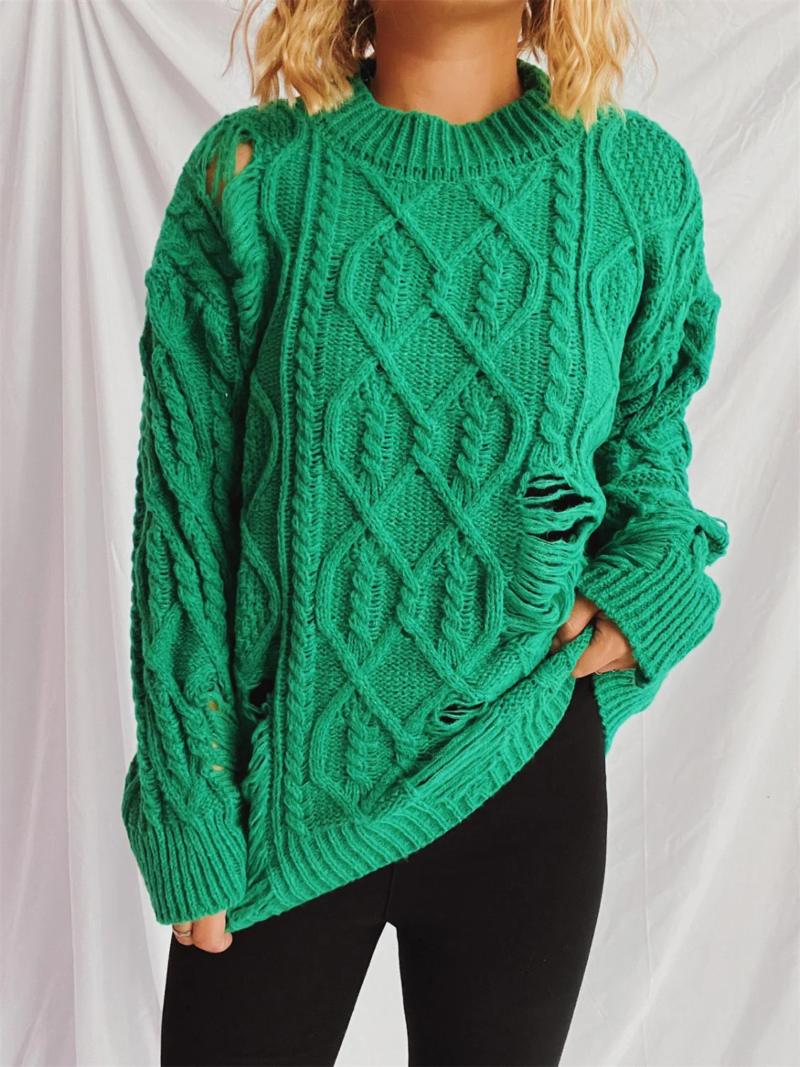 Clara | Long-sleeved, crew-neck, distressed cable-knit sweater - Image 3