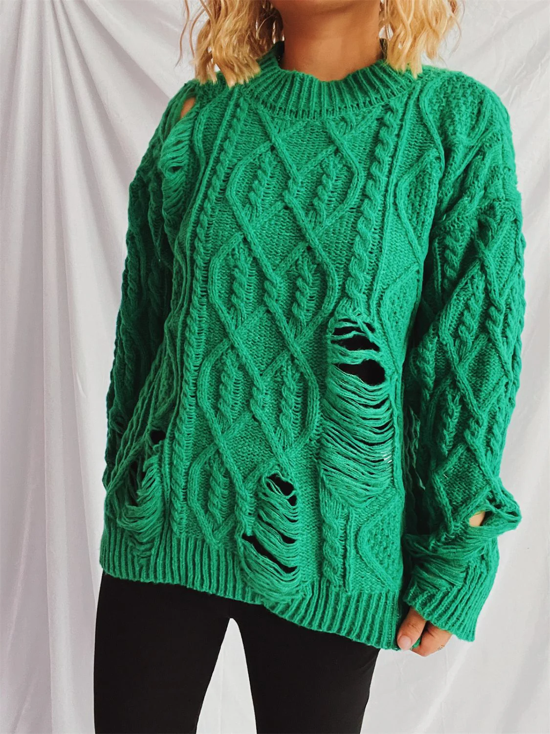 Clara | Long-sleeved, crew-neck, distressed cable-knit sweater - Image 6