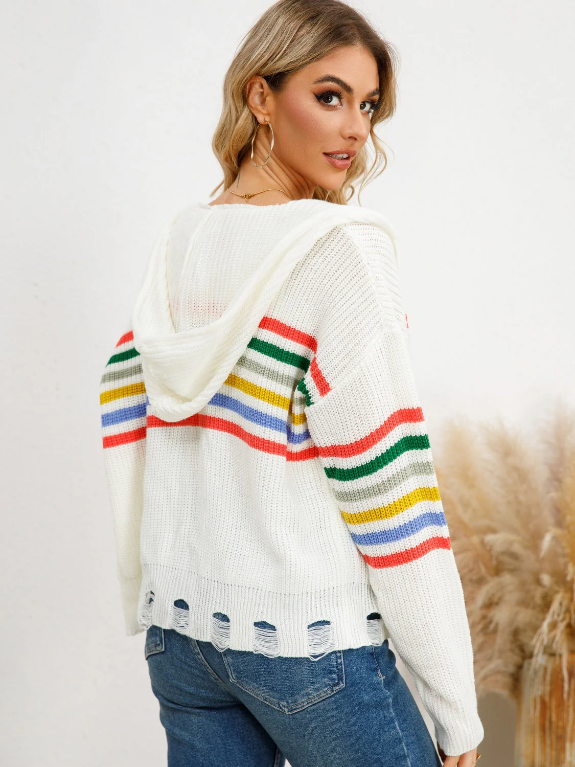 Clara | Striped cardigan with hood and dropped shoulders and drawstring - Image 2