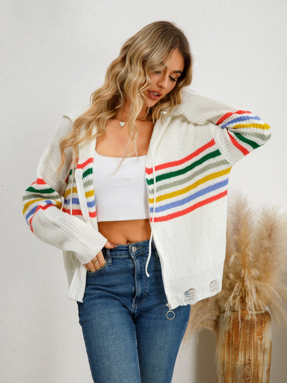 Clara | Striped cardigan with hood and dropped shoulders and drawstring - Image 4