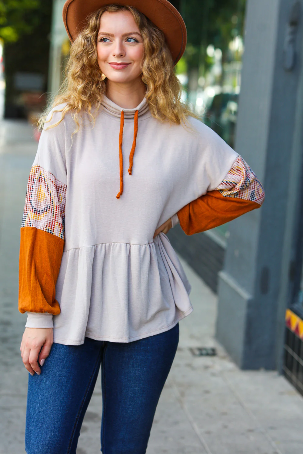 Claudia | Babydoll terry turtleneck top in taupe and rust - Image 11