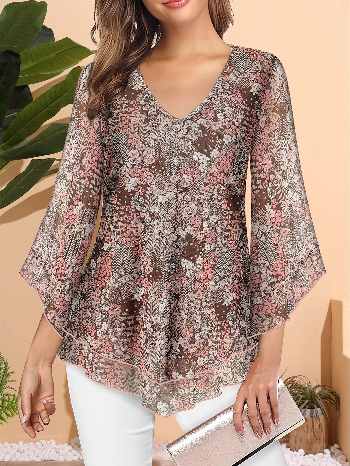 Claudia® | Chic V-Neck Ruffle Mesh Blouse