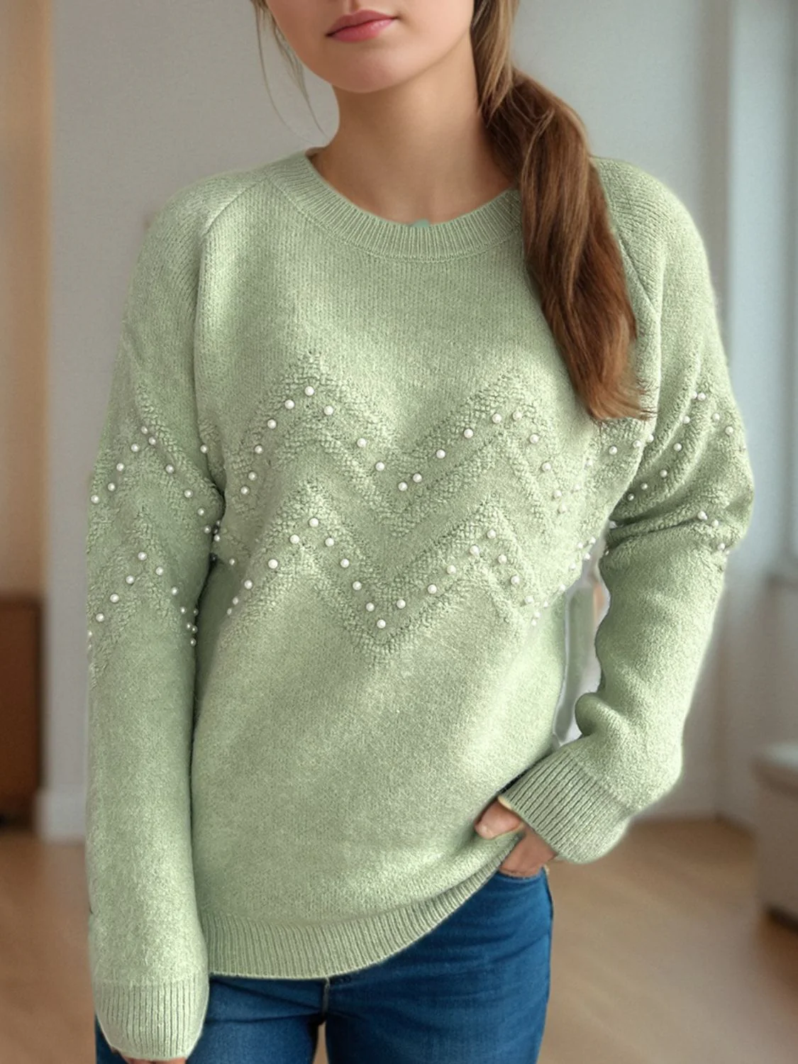 Concepcion | Round neck sweater with raglan sleeves and pearl trim - Image 22