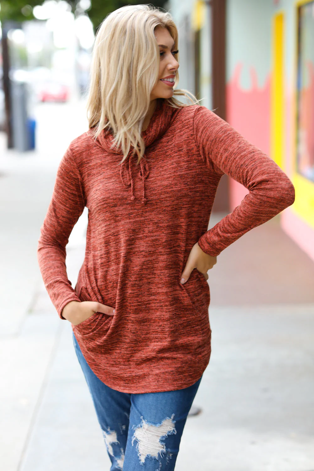 Cristiana | Rust colored cowl neck top with pockets - Image 3