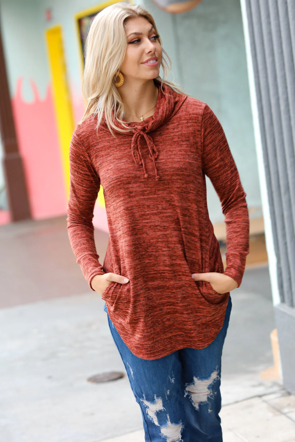 Cristiana | Rust colored cowl neck top with pockets - Image 6