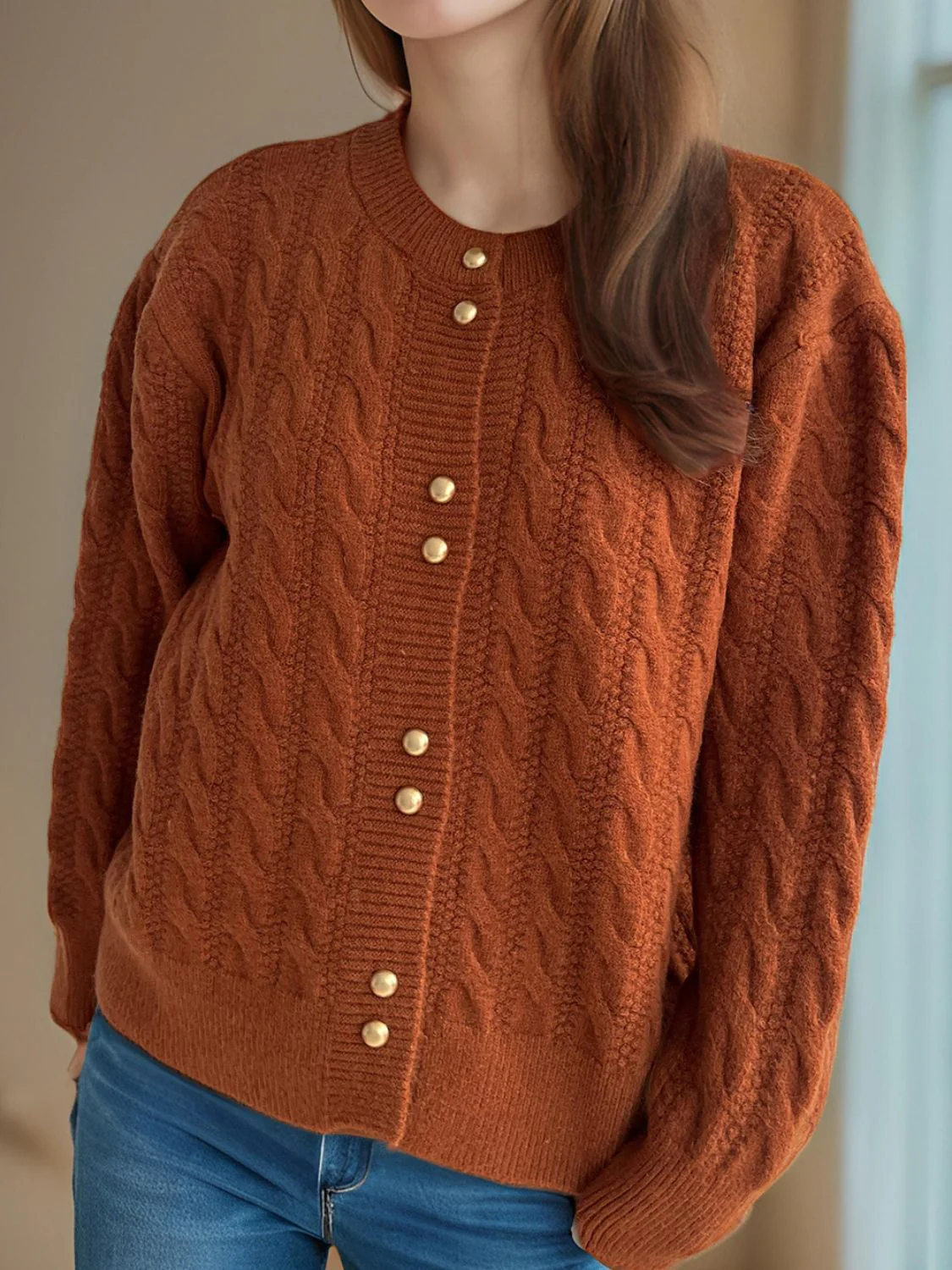 Cristina | Cable knit cardigan with a crew neck and long sleeves - Image 17