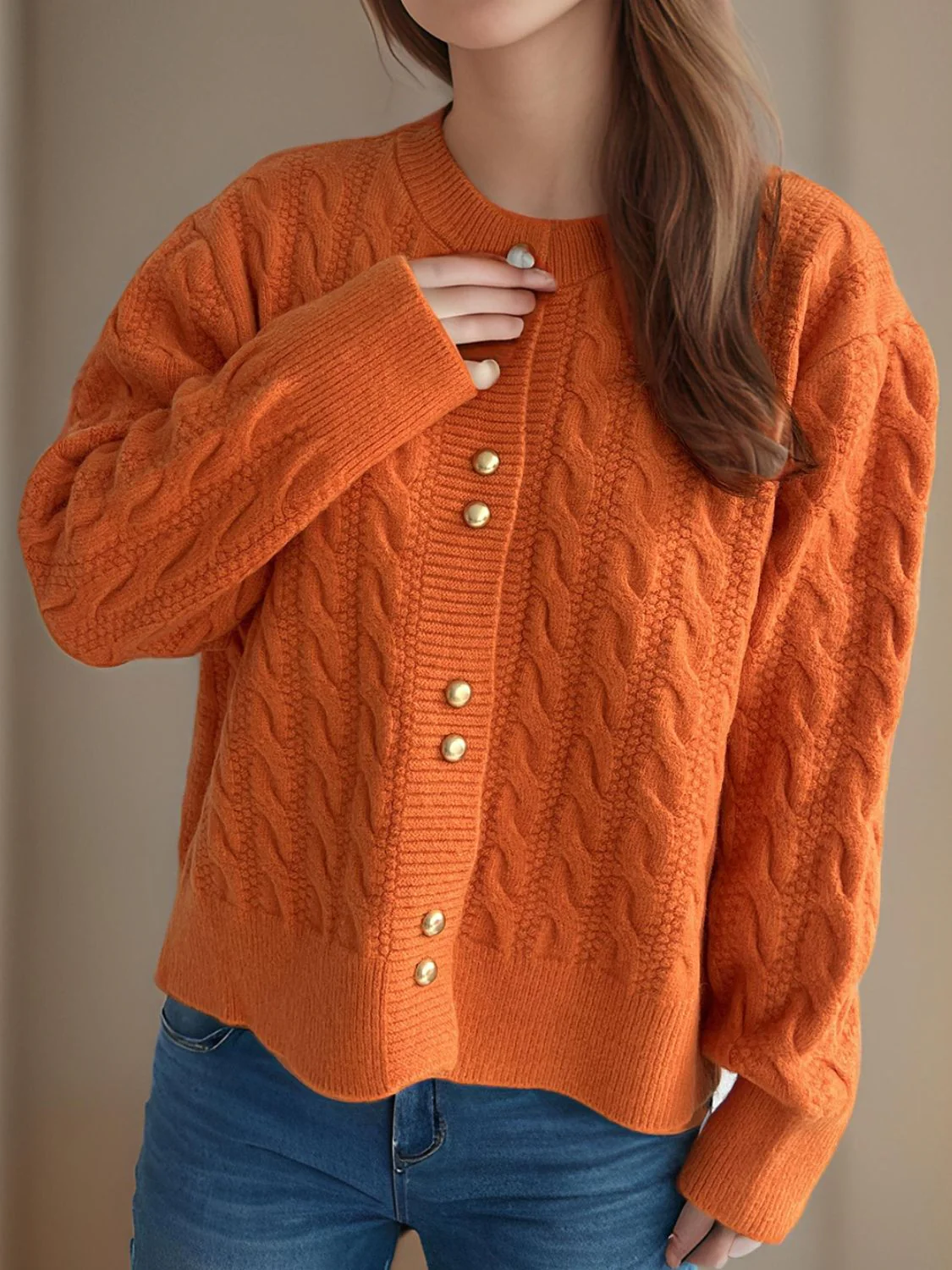 Cristina | Cable knit cardigan with a crew neck and long sleeves - Image 22