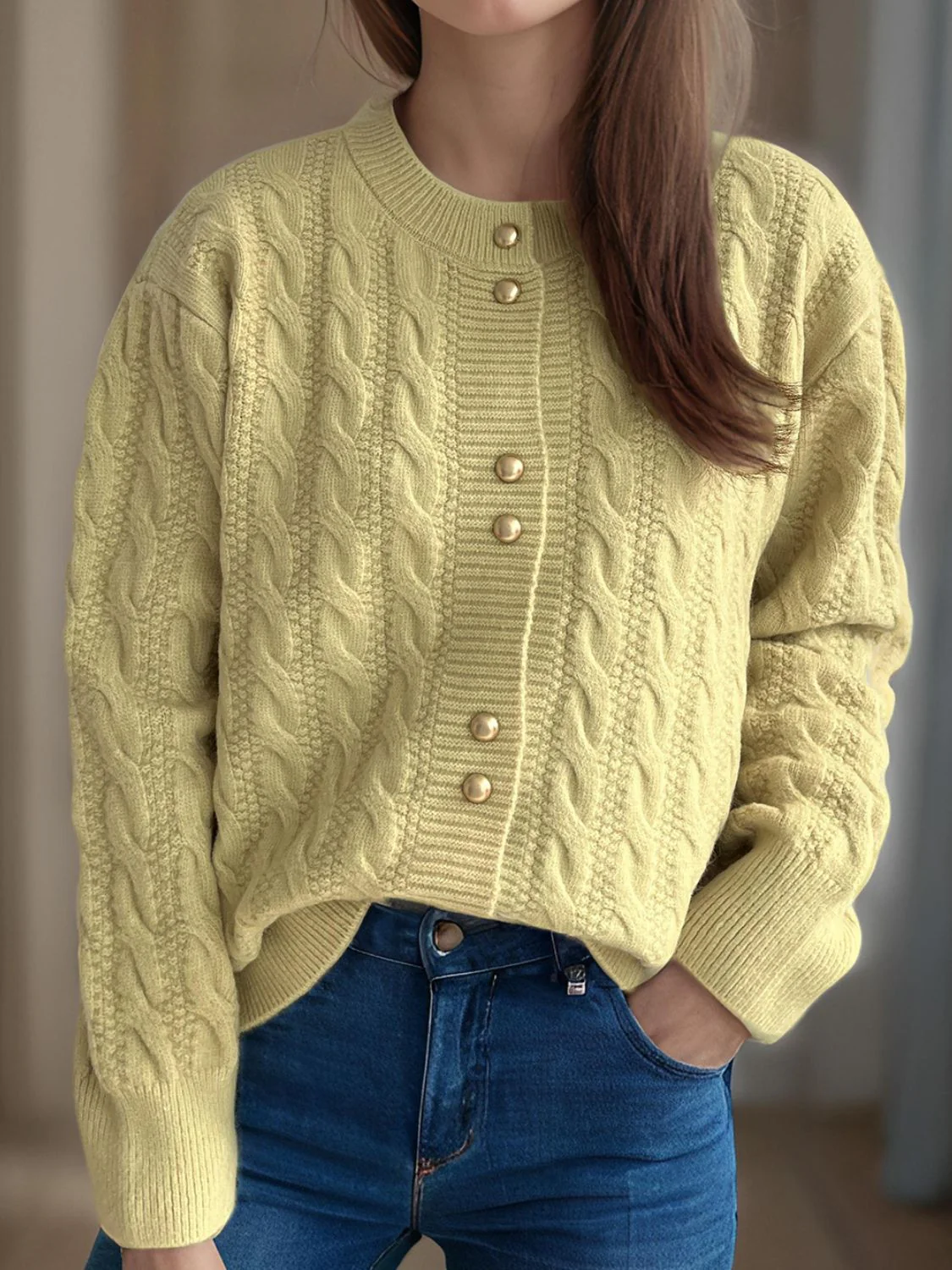 Cristina | Cable knit cardigan with a crew neck and long sleeves - Image 27