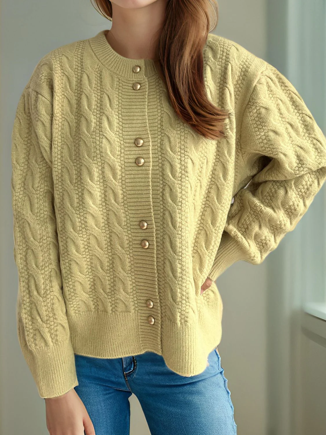 Cristina | Cable knit cardigan with a crew neck and long sleeves - Image 30
