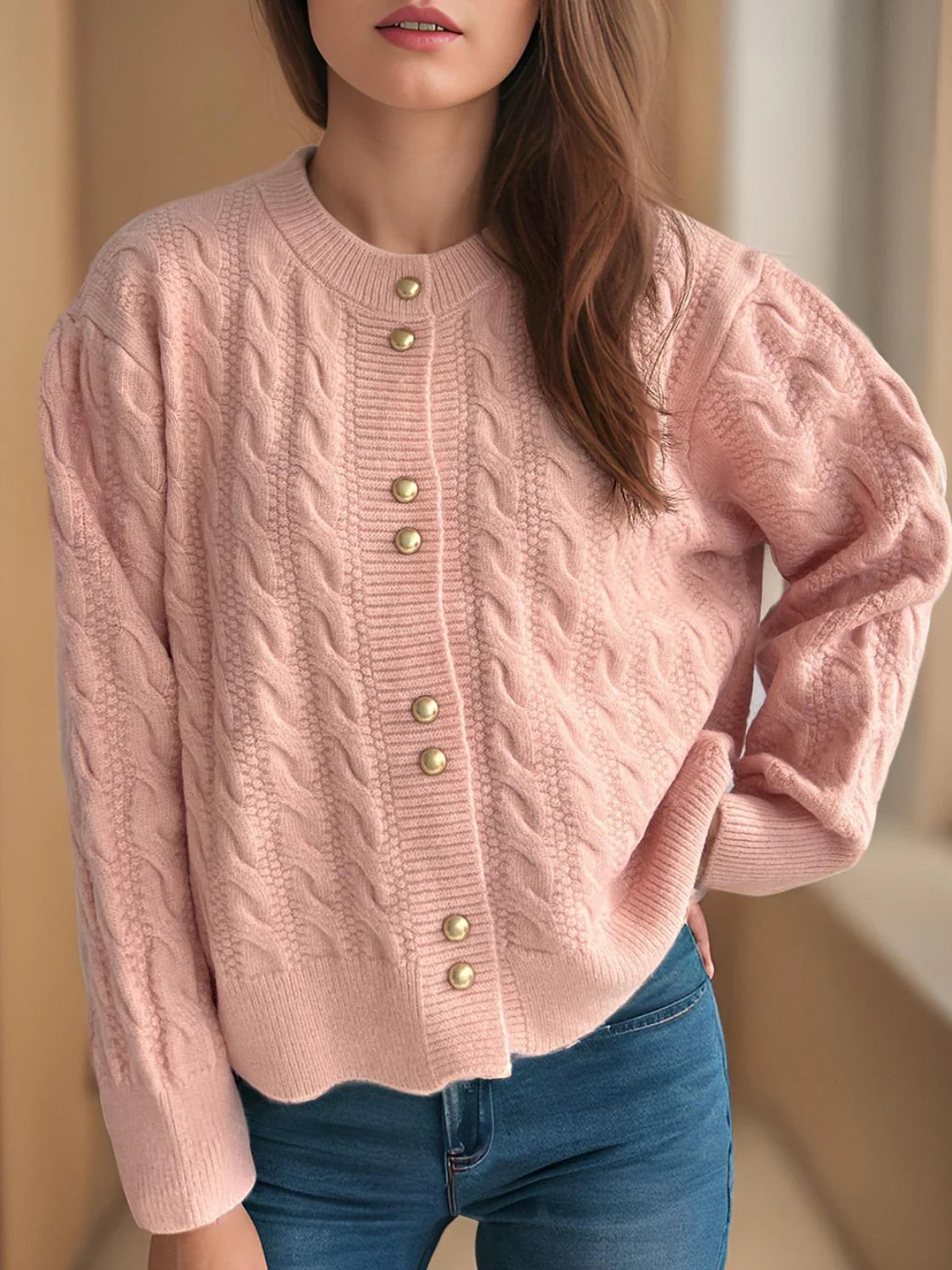 Cristina | Cable knit cardigan with a crew neck and long sleeves - Image 6