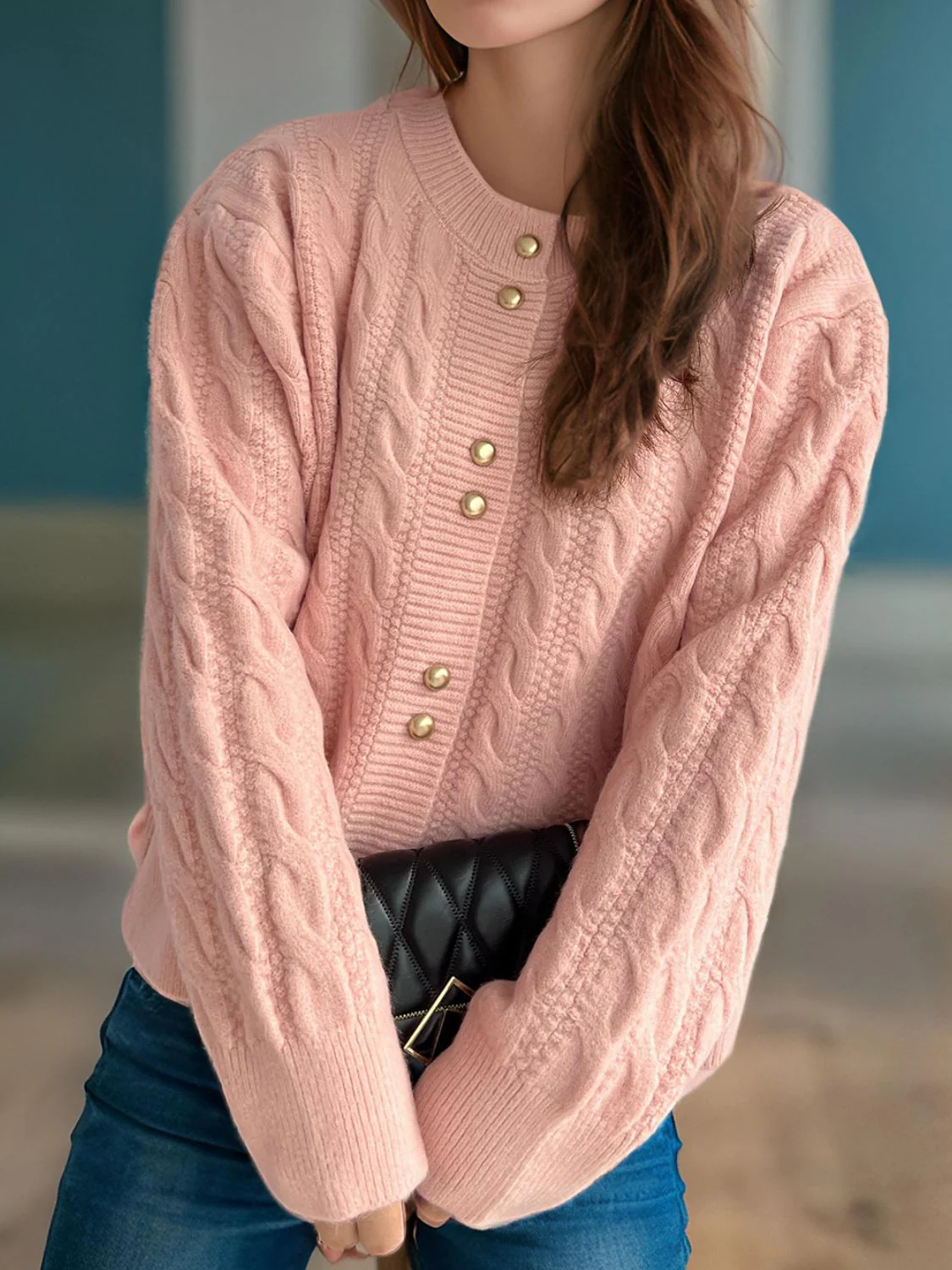 Cristina | Cable knit cardigan with a crew neck and long sleeves - Image 8