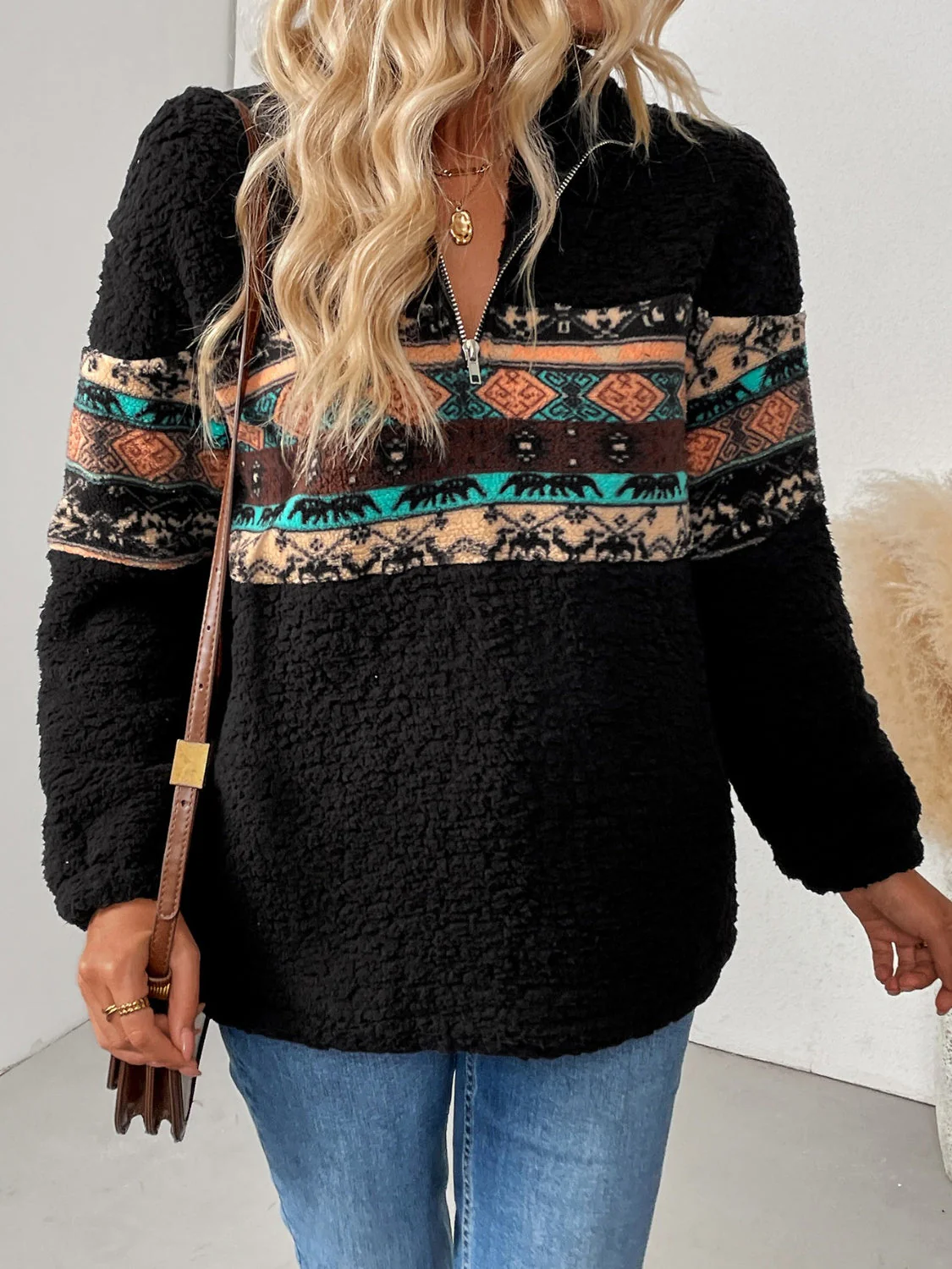 Cristina | Geometric quarter zip long sleeve sweatshirt - Image 4